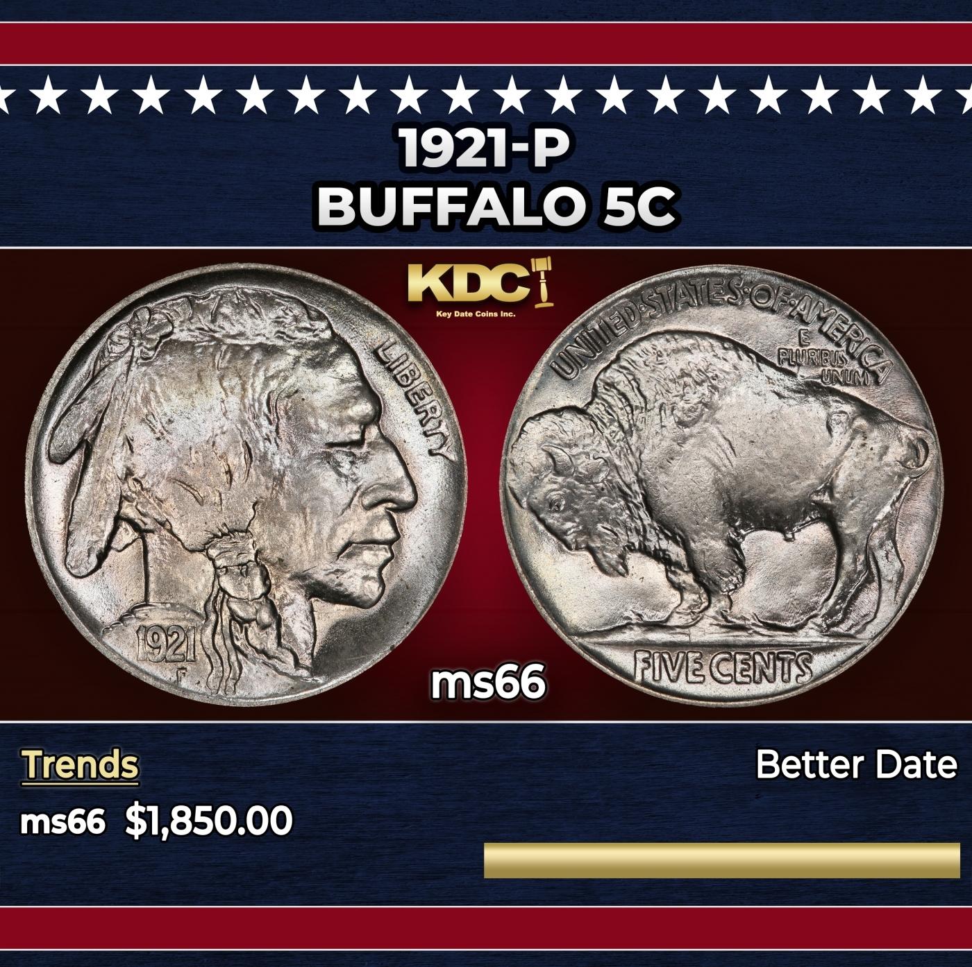 1921-p Buffalo Nickel 5c ms66 SEGS