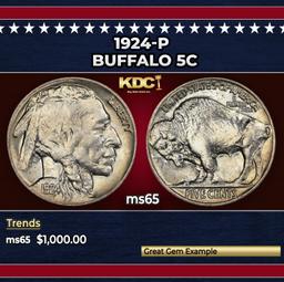1924-p Buffalo Nickel 5c ms65 SEGS