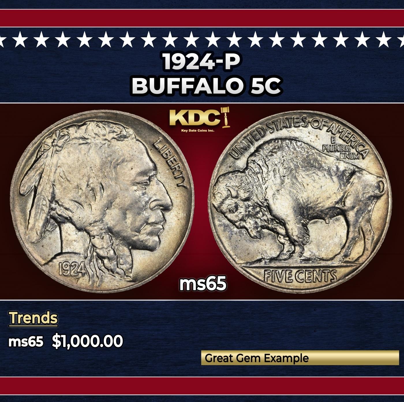 1924-p Buffalo Nickel 5c ms65 SEGS