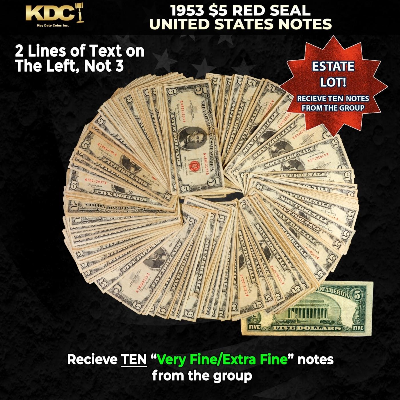 10x 1953 $5 Red Seal United States Note Grades VF/XF