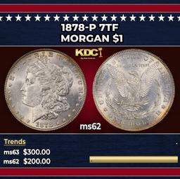1878-p 7tf Morgan Dollar $1 Grades ms62