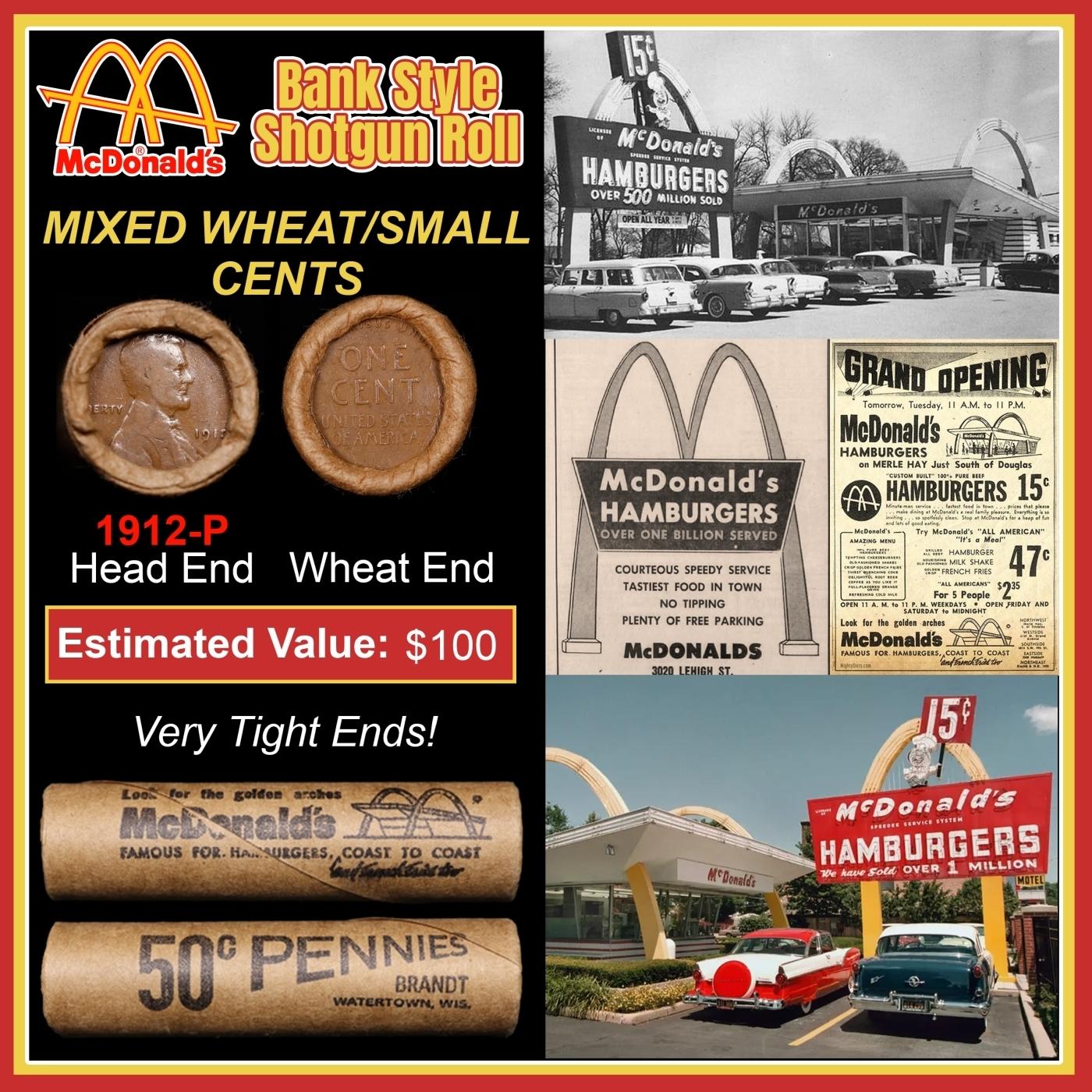 Lincoln Wheat Cent 1c Mixed Roll Orig Brandt McDonalds Wrapper, 1912-p end, Wheat other end
