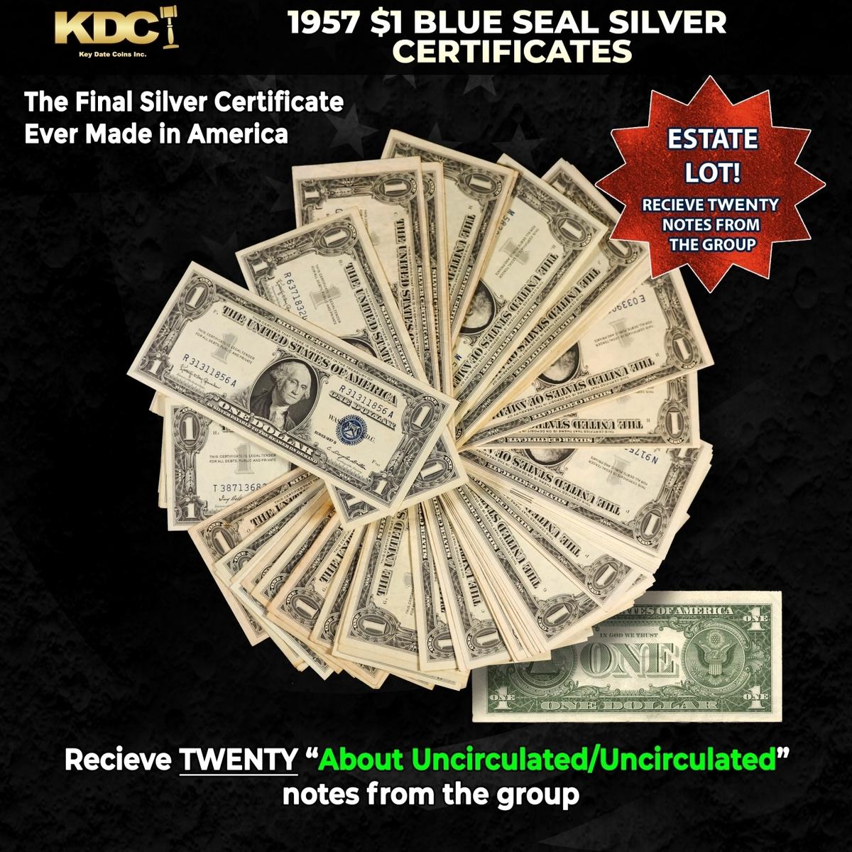20x 1957 $1 Blue Seal Silver Certificates Grades AU/CU