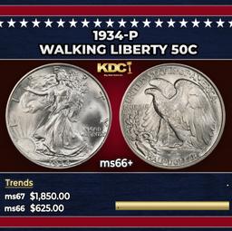 1934-p Walking Liberty Half Dollar 50c ms66+ SEGS