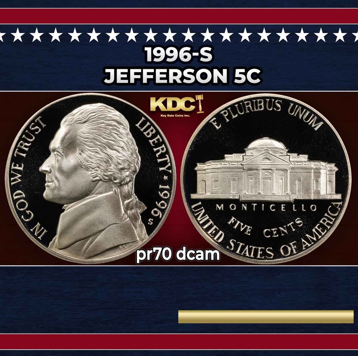 1996-s Proof Jefferson Nickel 5c pr70 dcam SEGS