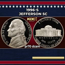 1996-s Proof Jefferson Nickel 5c pr70 dcam SEGS