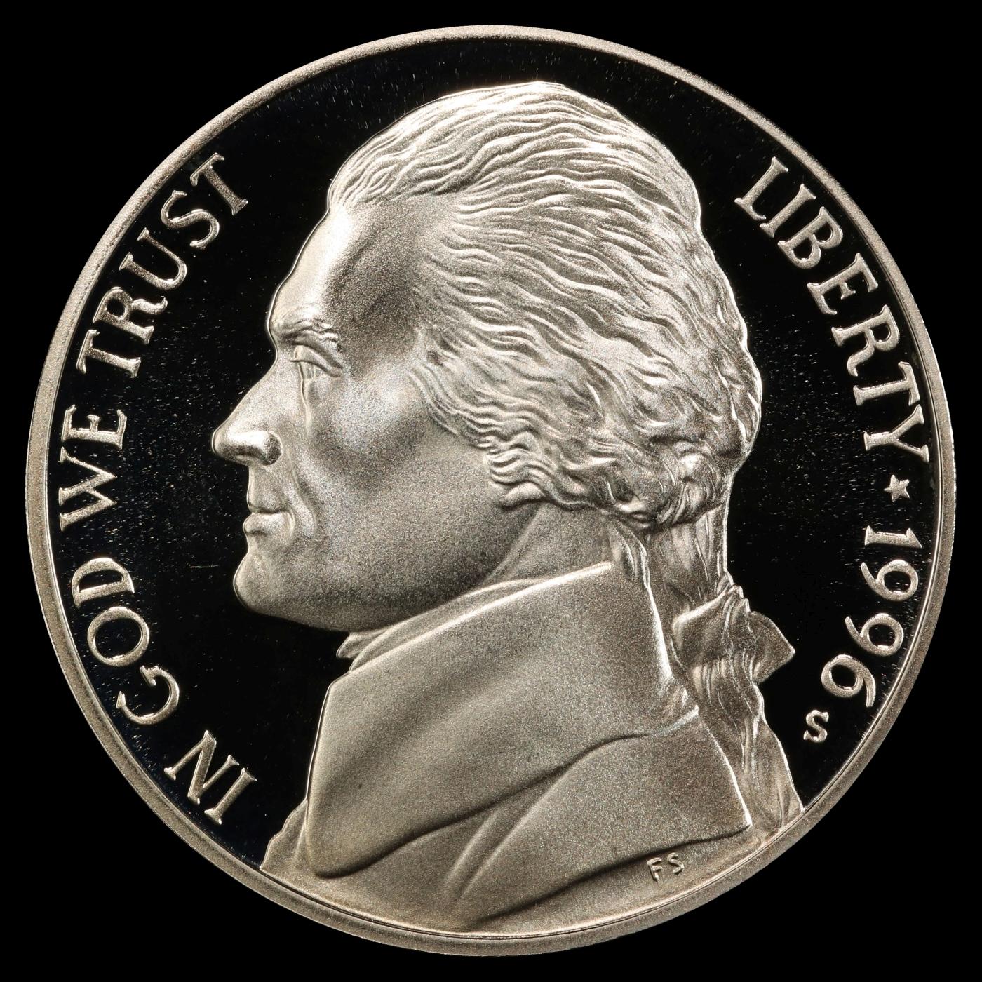 1996-s Proof Jefferson Nickel 5c pr70 dcam SEGS