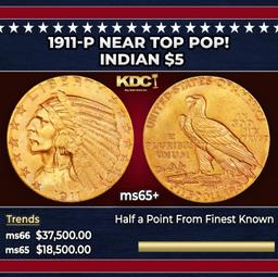 1911-p Gold Indian Half Eagle Near Top Pop! $5 ms65+ USCG