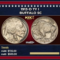 1913-d Ty I Buffalo Nickel 5c Grades ms65+