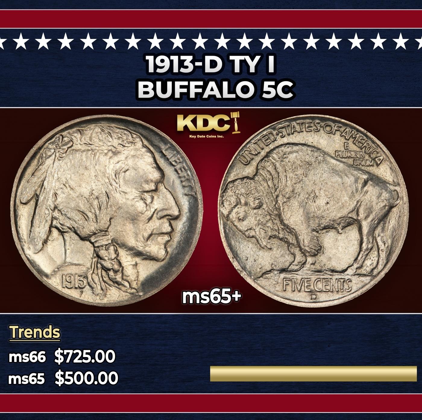 1913-d Ty I Buffalo Nickel 5c Grades ms65+