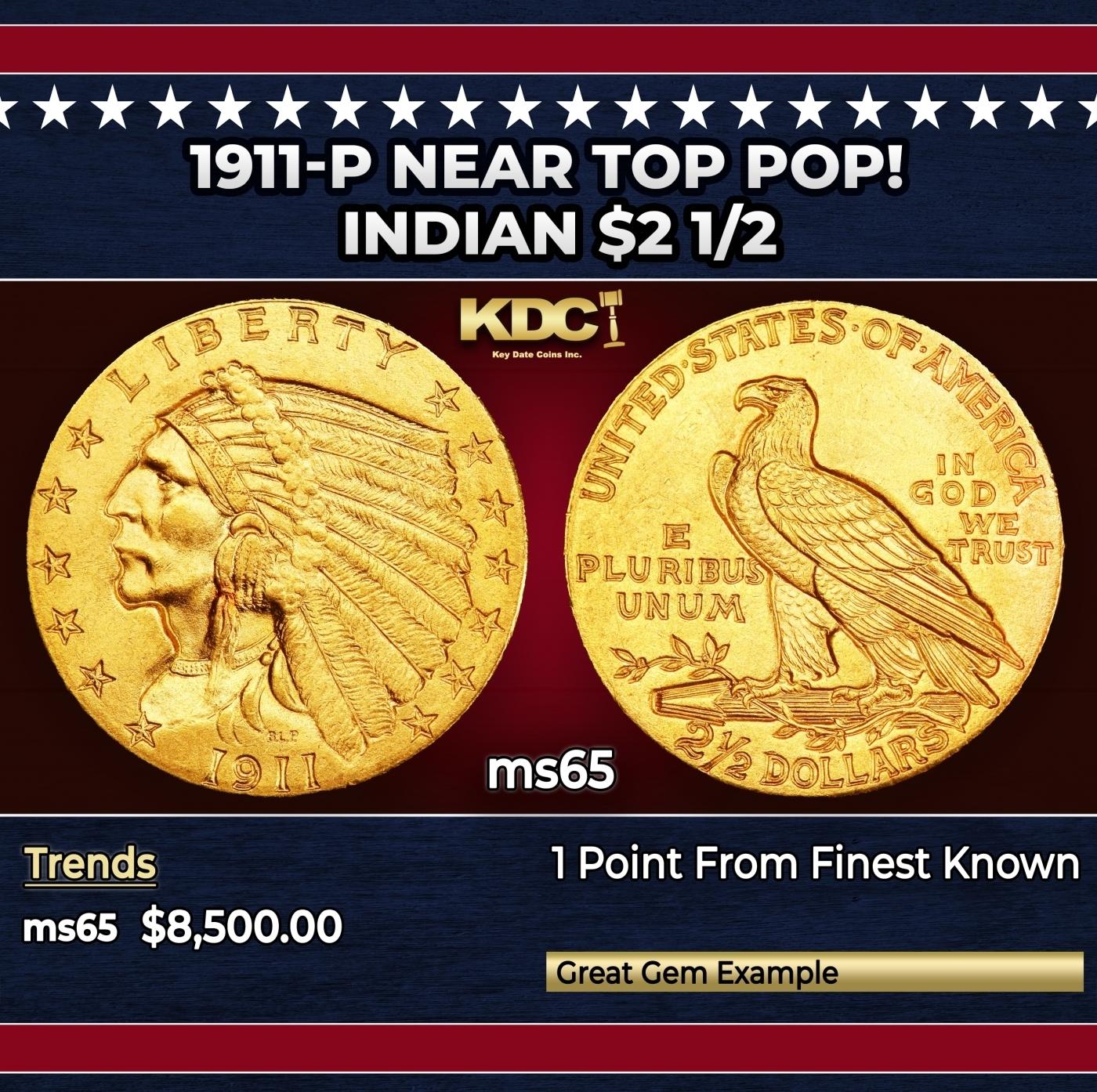 1911-p Gold Indian Quarter Eagle Near Top Pop! $2 1/2 ms65 SEGS
