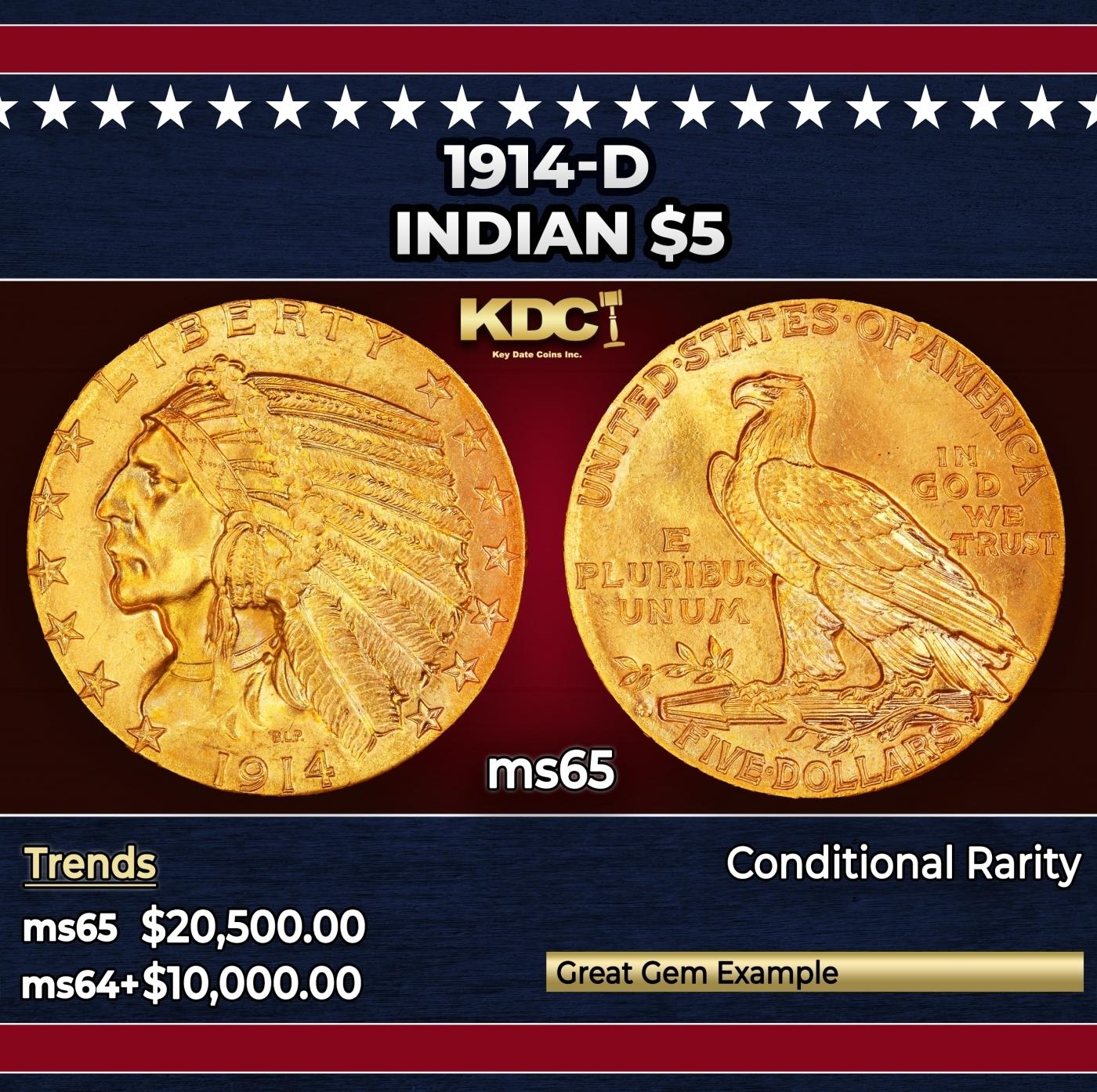 1914-d Gold Indian Half Eagle $5 ms65 USCG
