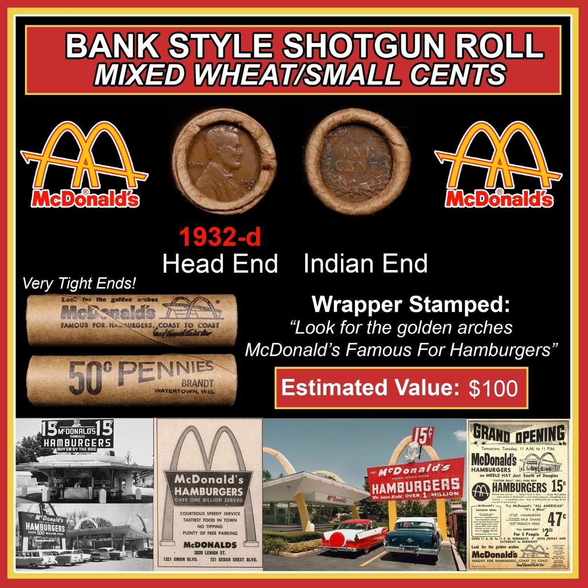 Lincoln Wheat Cent 1c Mixed Roll Orig Brandt McDonalds Wrapper, 1932-d end, Indian other end