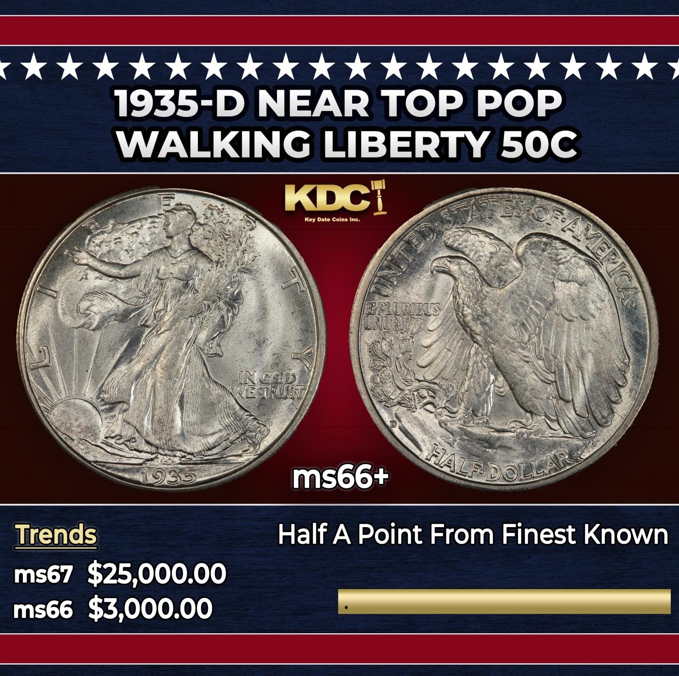 1935-d Walking Liberty Half Dollar Near Top Pop 50c ms66+ SEGS