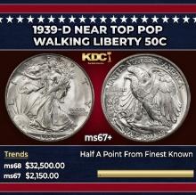 1939-d Walking Liberty Half Dollar Near Top Pop 50c ms67+ SEGS
