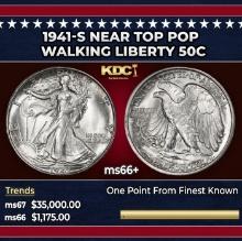 1941-s Walking Liberty Half Dollar Near Top Pop 50c ms66+ SEGS