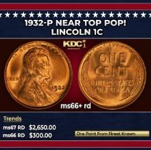 1932-p Lincoln Cent Near Top Pop! 1c ms66+ rd SEGS