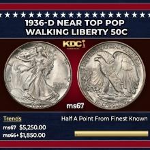 1936-d Walking Liberty Half Dollar Near Top Pop 50c ms67 SEGS