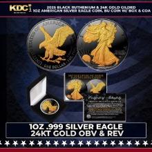 2025 Black Ruthenium & 24K Gold Gilded 1oz American Silver Eagle Coin, BU Coin w/ Box & COA Other To