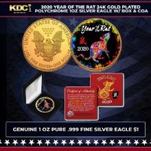 2020 Year of The Rat 24K Gold Plated Polychrome 1oz Silver Eagle w/ Box & COA Other Toy