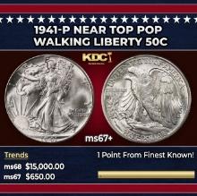 1941-p Walking Liberty Half Dollar Near Top Pop 50c ms67+ SEGS