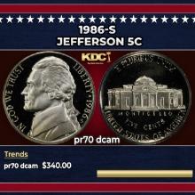 1986-s Proof Jefferson Nickel 5c pr70 dcam SEGS