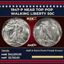 1947-p Walking Liberty Half Dollar Near Top Pop 50c ms67+ SEGS