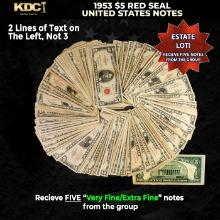 5x 1953 $5 Red Seal United States Note Grades VF/XF