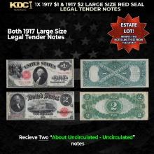 1x 1917 $1 & 1917 $2 Large Size Red Seal Legal Tender Notes Grades AU/CU