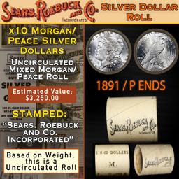 OR- Mixed Morgan/Peace SEARS UNC Dollar $1 Roll 10 1891/'P' Peace Ends