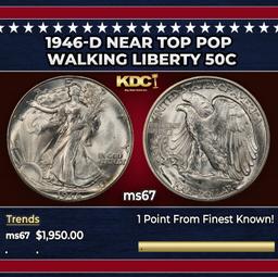 1946-d Walking Liberty Half Dollar Near Top Pop 50c ms67 SEGS