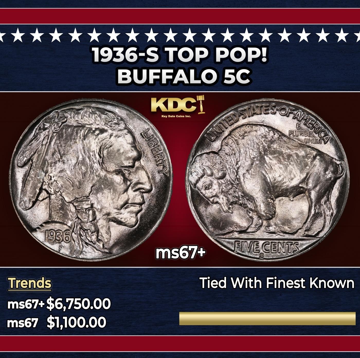 1936-s Buffalo Nickel TOP POP! 5c ms67+ SEGS
