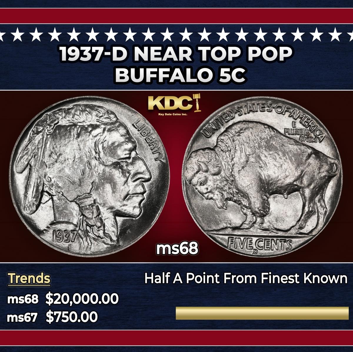 1937-d Buffalo Nickel Near Top Pop 5c ms68 SEGS