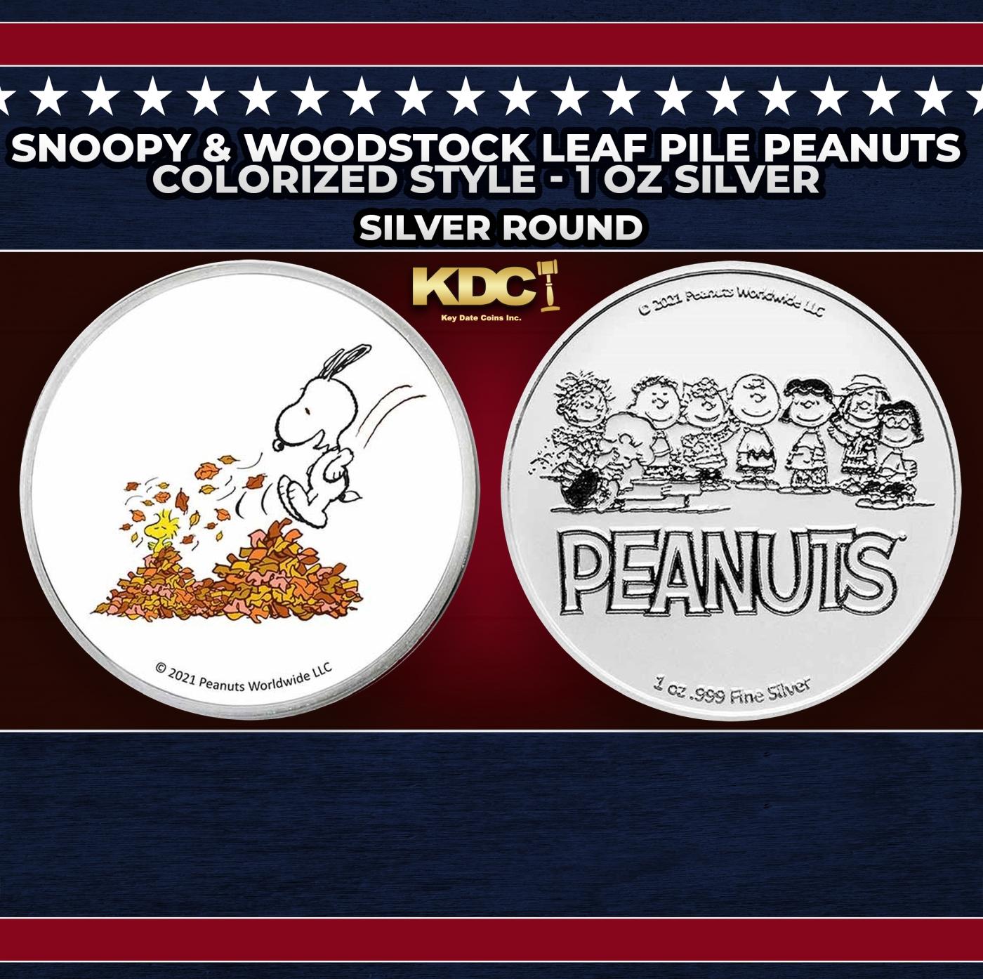 Snoopy & Woodstock Leaf Pile Peanuts Colorized Style - 1 oz Silver Round Round