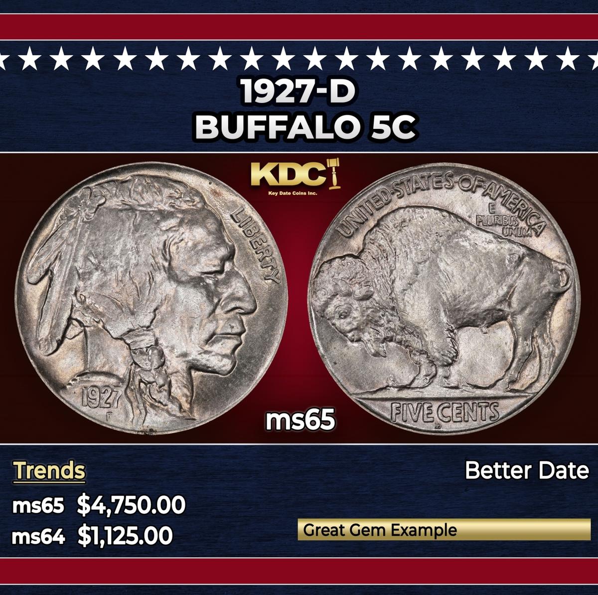 1927-d Buffalo Nickel 5c ms65 SEGS