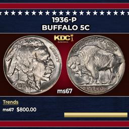 1936-p Buffalo Nickel 5c ms67 SEGS