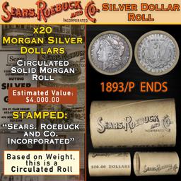 EY- Circulated SEARS Silver Morgan Dollar $1 Roll 20 Coin 1893/'P' Rev Ends