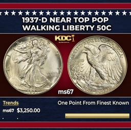 1937-d Walking Liberty Half Dollar Near Top Pop 50c ms67 SEGS