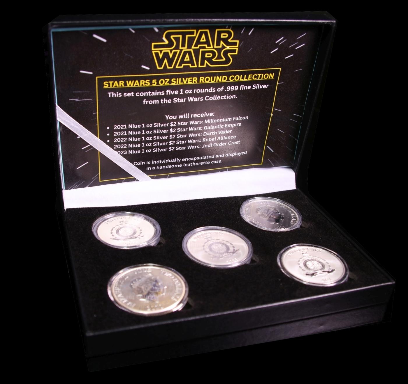 5x 1oz Silver Round Star Wars Set, Darth Vader, rebel alliance, Empire, Jedi Crest, Millennium Falco
