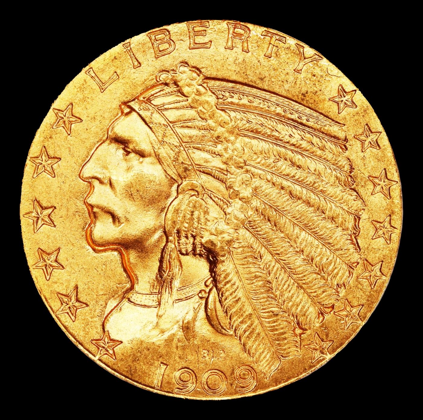 1909-d Gold Indian Half Eagle Near Top Pop! $5 ms65 USCG