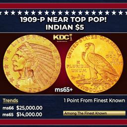 1909-p Gold Indian Half Eagle Near Top Pop! $5 ms65+ USCG