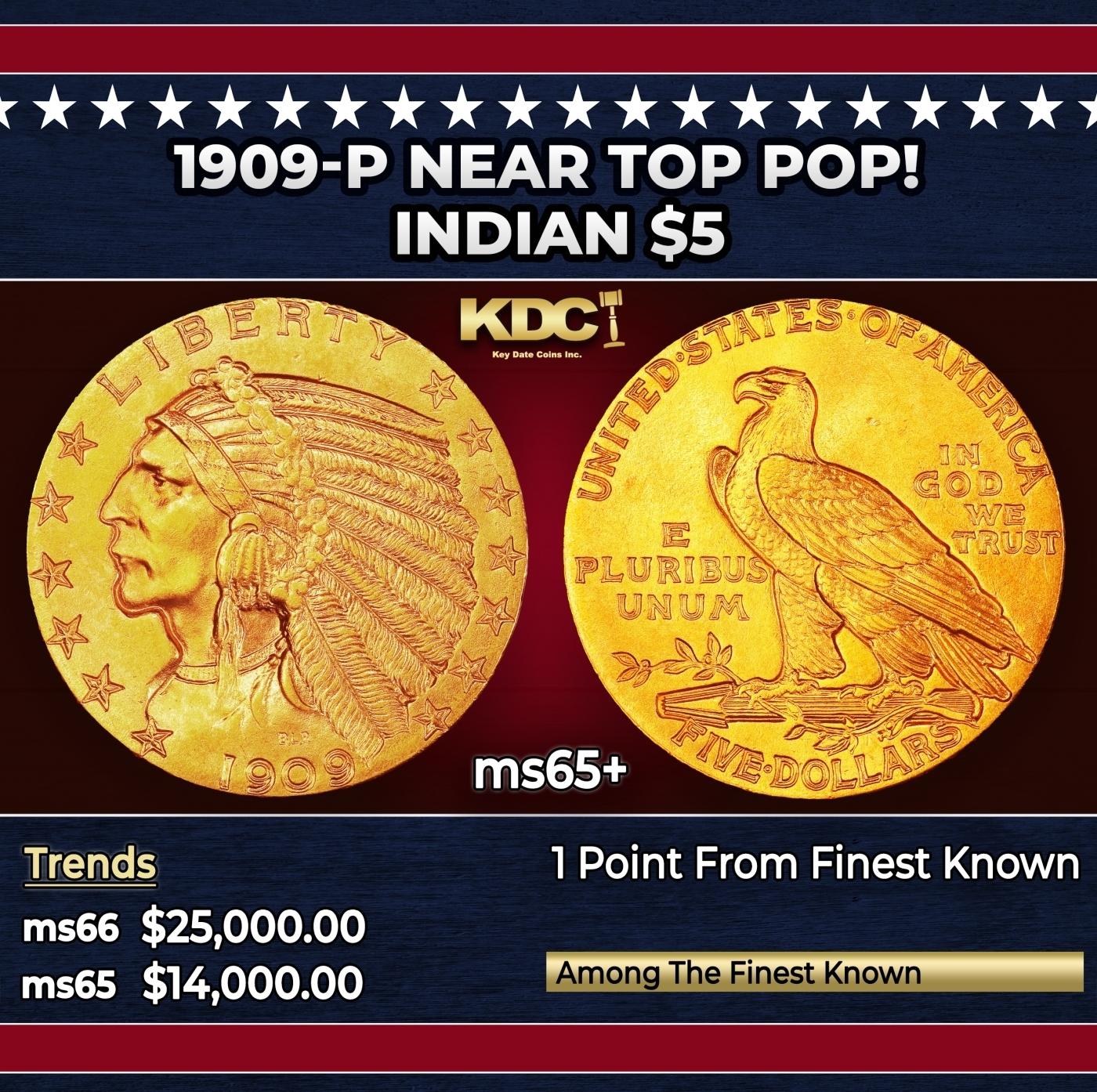 1909-p Gold Indian Half Eagle Near Top Pop! $5 ms65+ USCG