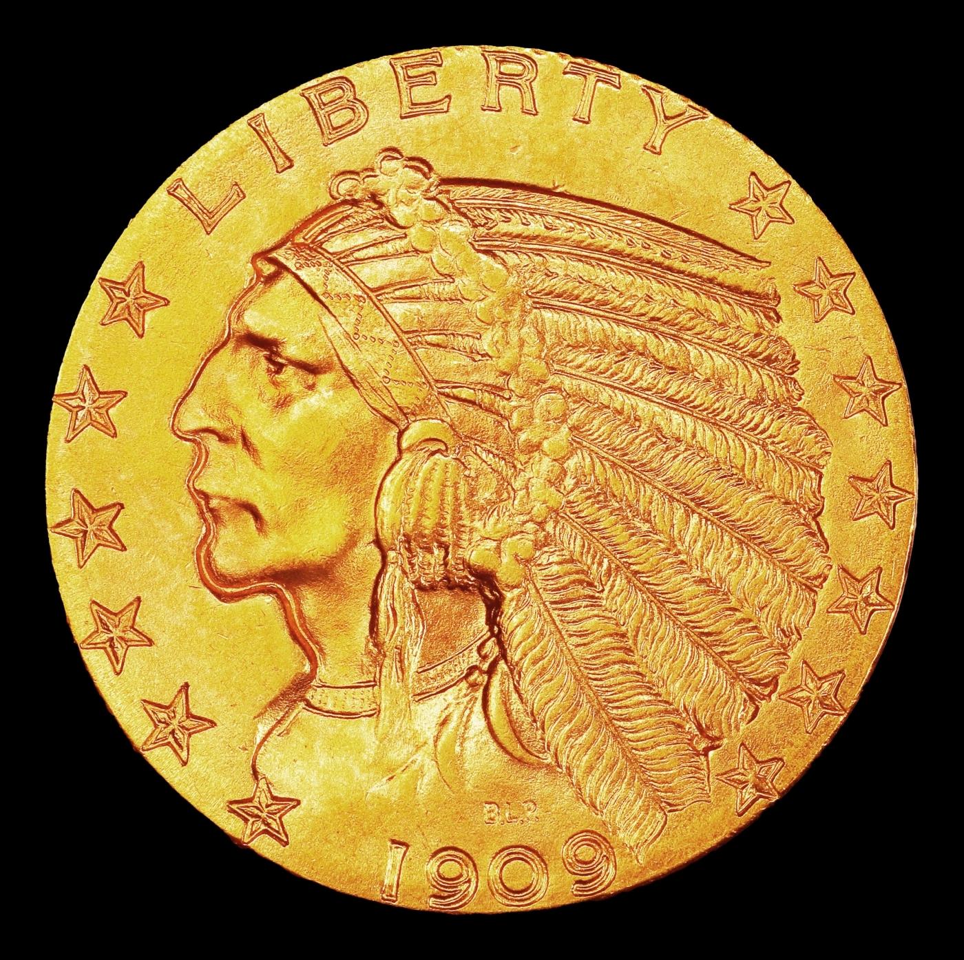 1909-p Gold Indian Half Eagle Near Top Pop! $5 ms65+ USCG