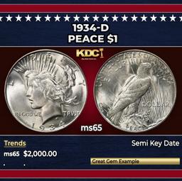 1934-d Peace Dollar $1 ms65 SEGS