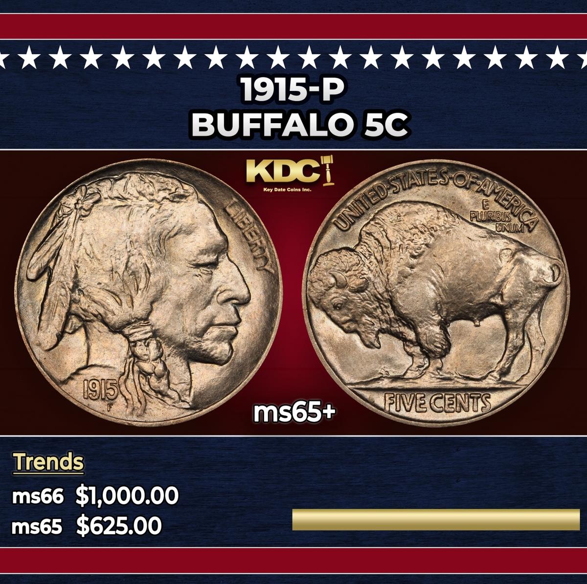 1915-p Buffalo Nickel 5c Grades ms65+