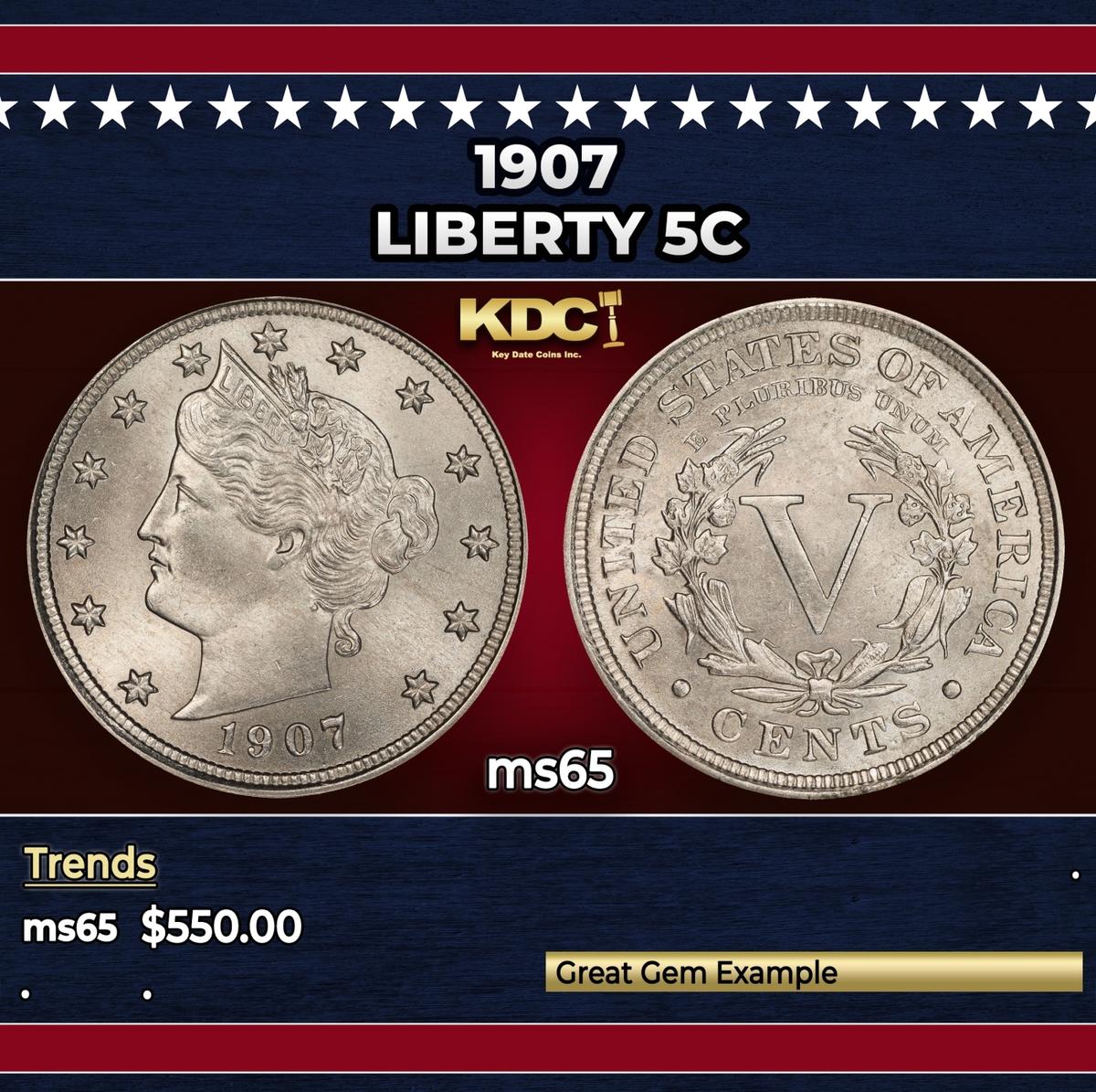 1907 Liberty Nickel 5c Grades ms65