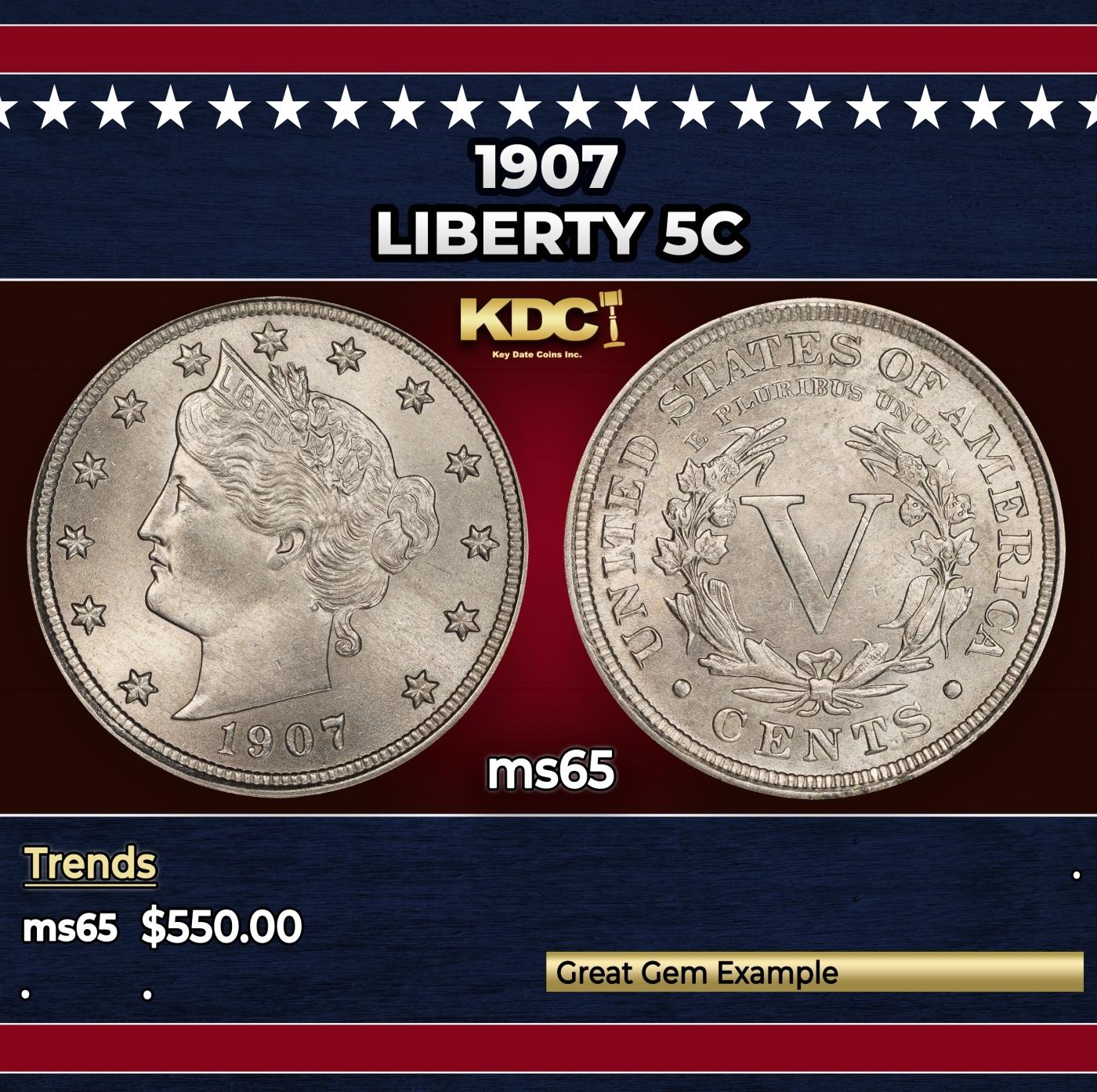 1907 Liberty Nickel 5c Grades ms65
