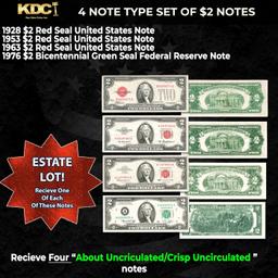 Complete Type Set of Small Sized $2 Notes 1928, 1953, & 1963 Red  Seals & 1976 Bicentennial Green Se