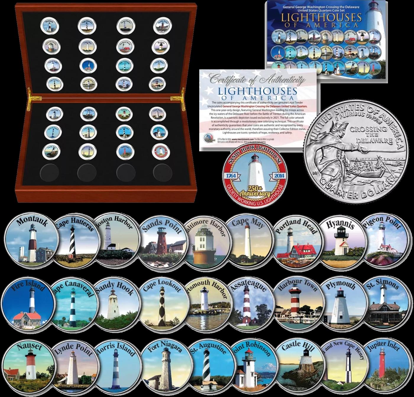 28 Pc Set Historic American Lighthouses Colorized Washington Crossing Delaware Quarters w/ BOX Other