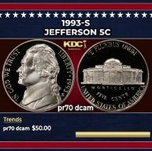 1993-s Proof Jefferson Nickel 5c pr70 dcam SEGS